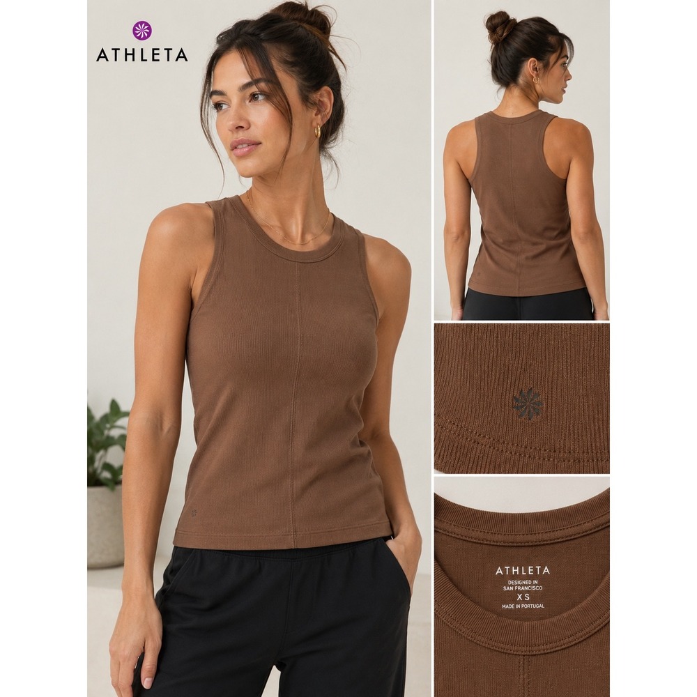 Athleta Aurora Seamless Tank Top Brown XS Ribbed High Neck Yoga Activewear